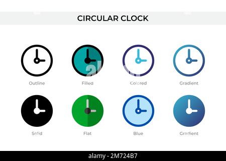 Kreisförmiges Uhrsymbol in einem anderen Stil. Kreisförmige Uhrenvektorsymbole mit Kontur, durchgehend, farbig, gefüllt, Verlauf, Und flacher Stil. Symbol, Logbuch Stock Vektor