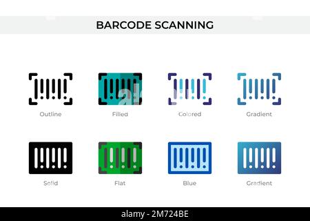 Barcode-Scan-Symbol in einem anderen Stil. Vektorsymbole für das Scannen von Barcodes in Form von Konturen, durchgehend, farbig, gefüllt, Verlauf, Und flacher Stil. Symbol, Stock Vektor