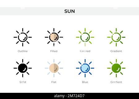 Sun Icon in einem anderen Stil. Sonnenvektorsymbole in Kontur, durchgehend, farbig, gefüllt, Verlauf, Und flacher Stil. Symbol, Logo-Abbildung. Vektor Stock Vektor