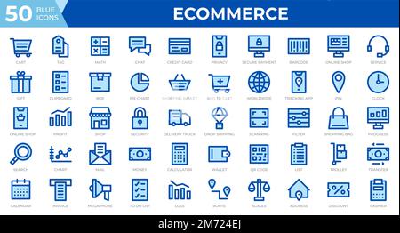Satz von 50 E-Commerce-Websymbolen in blauer Linie. Kreditkarte, Gewinn, Rechnung. Symbolsammlung der Modellstruktur. Vektordarstellung Stock Vektor
