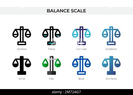 Symbol „Waage“ in einem anderen Stil. Vektorsymbole für die Balanceskalierung in Kontur, durchgehend, farbig, gefüllt, Verlauf, Und flacher Stil. Symbol, Logo Stock Vektor