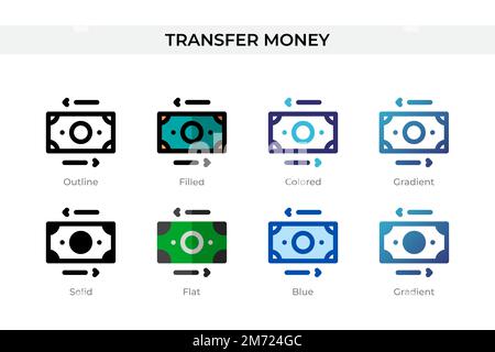 Symbol „Geld überweisen“ in einem anderen Stil. Symbole für Geldtransfervektoren in Umrissen, durchgehend, farbig, gefüllt, Verlauf, Und flacher Stil. Symbol, Logbuch Stock Vektor