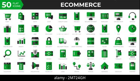 Satz von 50 E-Commerce-Websymbolen im flachen Stil. Kreditkarte, Gewinn, Rechnung. Flat Icons Kollektion. Vektordarstellung Stock Vektor