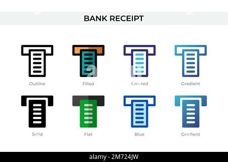 Das Symbol für die Bankquittung hat einen anderen Stil. Vektorsymbole für Bankbelege in Umriss, durchgehend, farbig, gefüllt, Verlauf, Und flacher Stil. Symbol, Logo Il Stock Vektor