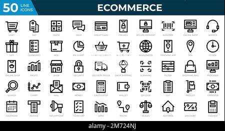 Satz von 50 E-Commerce-Web-Symbolen im Linienstil. Kreditkarte, Gewinn, Rechnung. Symbolsammlung der Modellstruktur. Vektordarstellung Stock Vektor