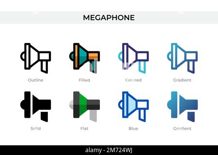 Megafon-Symbol in einem anderen Stil. Megaphon-Vektorsymbole mit Kontur, durchgehend, farbig, gefüllt, Verlauf, Und flacher Stil. Symbol, Logo Illustra Stock Vektor