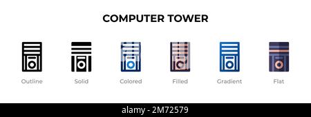Computerturm-Symbol in einem anderen Stil. Vektorsymbole des Computerturms in Kontur, durchgehend, farbig, gefüllt, Verlauf, Und flacher Stil. Symbol, Logbuch Stock Vektor