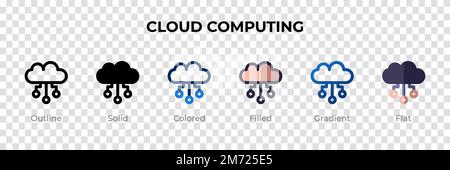 Cloud-Computing-Symbol in einem anderen Stil. Cloud-Computing-Vektorsymbole in Kontur, Volumenkörper, Farbe, Füllung, Verlauf Und flacher Stil. Symbol, l Stock Vektor