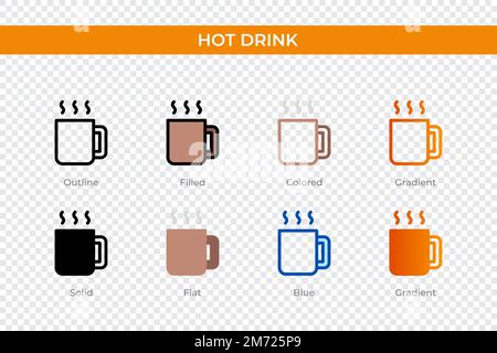 Symbol für Heißgetränke in einem anderen Stil. Vektorsymbole für Heißgetränke in Umrissen, einfarbig, farbig, gefüllt, mit Farbverlauf, Und flacher Stil. Symbol, Logo Illustra Stock Vektor