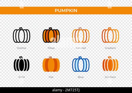Kürbissymbol in einem anderen Stil. Kürbis-Vektorsymbole mit Kontur, durchgehend, farbig, gefüllt, Verlauf, Und flacher Stil. Symbol, Logo-Abbildung Stock Vektor