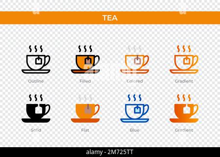Teesymbol in einem anderen Stil. Teevektorsymbole mit Kontur, durchgehend, farbig, gefüllt, Verlauf, Und flacher Stil. Symbol, Logo-Abbildung. Vektor Stock Vektor