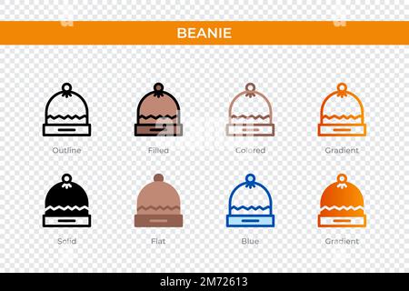 beanie-Ikone in einem anderen Stil. beanie-Vektorsymbole mit Kontur, durchgehend, farbig, gefüllt, Verlauf, Und flacher Stil. Symbol, Logo-Abbildung. Stock Vektor