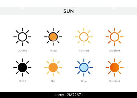Sun Icon in einem anderen Stil. Sonnenvektorsymbole in Kontur, durchgehend, farbig, gefüllt, Verlauf, Und flacher Stil. Symbol, Logo-Abbildung. Vektor Stock Vektor