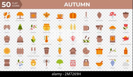 Set mit 50 Herbstsymbolen im flachen Stil. Blätter, Beeren, Pullover. Flat Icons Kollektion. Vektordarstellung Stock Vektor