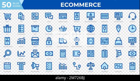 Satz von 50 E-Commerce-Websymbolen in blauer Linie. Kreditkarte, Gewinn, Rechnung. Symbolsammlung der Modellstruktur. Vektordarstellung Stock Vektor