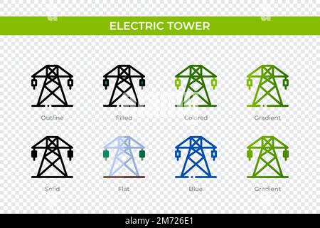 Eine Ikone im Elektroturm in einem anderen Stil. Vektorsymbole für elektrische Turme mit Kontur, durchgehend, farbig, gefüllt, Verlauf, Und flacher Stil. Symbol, Logbuch Stock Vektor