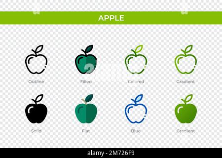 Apple Icon in einem anderen Stil. Apfel-Vektorsymbole mit Kontur, durchgehend, farbig, gefüllt, Verlauf, Und flacher Stil. Symbol, Logo-Abbildung. Ve Stock Vektor