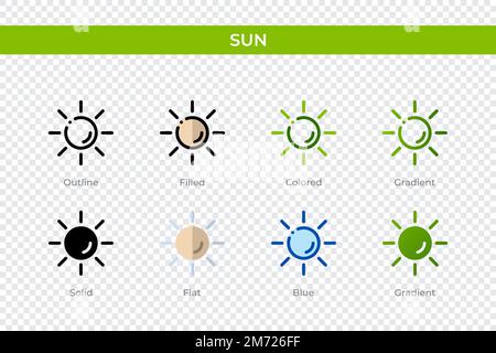 Sun Icon in einem anderen Stil. Sonnenvektorsymbole in Kontur, durchgehend, farbig, gefüllt, Verlauf, Und flacher Stil. Symbol, Logo-Abbildung. Vektor Stock Vektor