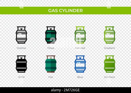 Symbol für Gasflaschen in einem anderen Stil. Vektorsymbole für Gaszylinder in Umriss, durchgehend, farbig, gefüllt, Verlauf, Und flacher Stil. Symbol, Logo Il Stock Vektor