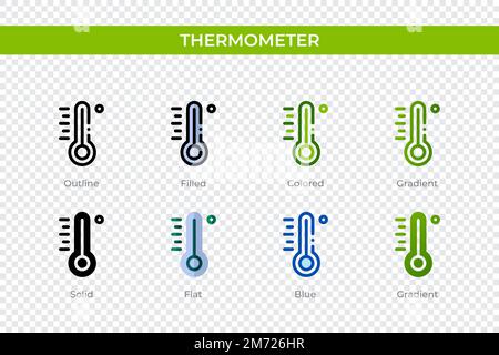 Thermometersymbol in einem anderen Stil. Thermometer-Vektorsymbole mit Kontur, durchgehend, farbig, gefüllt, Verlauf, Und flacher Stil. Symbol, Logo illu Stock Vektor