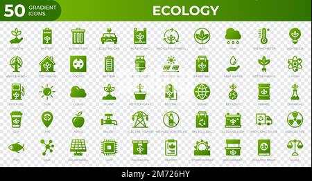 Satz von 50-Ecology-Web-Symbolen im Verlaufsstil. Recycling, Biologie, erneuerbare Energien. Sammlung von Verlaufssymbolen. Vektordarstellung Stock Vektor