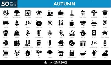 Set mit 50 Herbstsymbolen in durchgehendem Stil. Blätter, Beeren, Pullover. Solid Icons-Sammlung. Vektordarstellung Stock Vektor