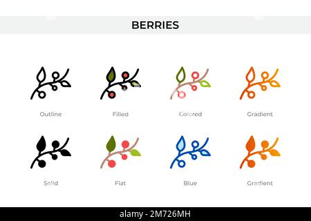 Beeren-Symbol in einem anderen Stil. Beeren-Vektorsymbole mit Kontur, durchgehend, farbig, gefüllt, Verlauf, Und flacher Stil. Symbol, Logo-Abbildung Stock Vektor