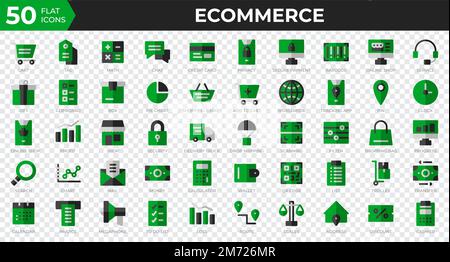 Satz von 50 E-Commerce-Websymbolen im flachen Stil. Kreditkarte, Gewinn, Rechnung. Flat Icons Kollektion. Vektordarstellung Stock Vektor