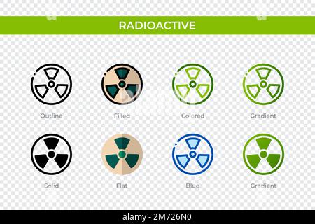 Radioaktives Symbol in einem anderen Stil. Radioaktive Vektorsymbole mit Kontur, durchgehend, farbig, gefüllt, Verlauf, Und flacher Stil. Symbol, Logo illu Stock Vektor