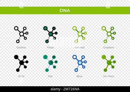 DNA-Ikone in einem anderen Stil. DNA-Vektorsymbole mit Kontur, Volltonfarben, Farben, Füllen, Farbverlauf, Und flacher Stil. Symbol, Logo-Abbildung. Vektor Stock Vektor