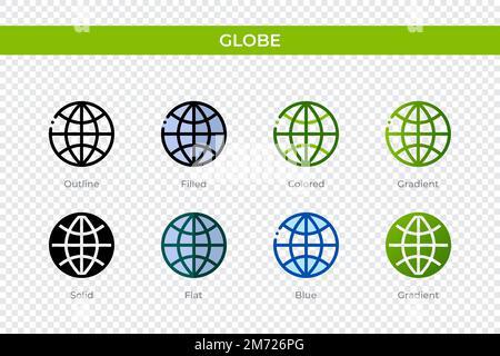 Globussymbol in einem anderen Stil. Globe-Vektorsymbole mit Kontur, durchgehend, farbig, gefüllt, Verlauf, Und flacher Stil. Symbol, Logo-Abbildung. Ve Stock Vektor