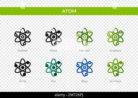 Atom-Symbol in einem anderen Stil. Atom-Vektorsymbole mit Kontur, durchgehend, farbig, gefüllt, Verlauf, Und flacher Stil. Symbol, Logo-Abbildung. Vect Stock Vektor