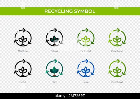 Recycling-Symbol in einem anderen Stil. Wiederverwenden von Symbolvektorsymbolen, die als Kontur, durchgehend, farbig, gefüllt, Verlauf, Und flacher Stil. Symbol, Stock Vektor