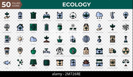 Satz von 50 Ecology Web-Symbolen in gefüllter Gliederung. Recycling, Biologie, erneuerbare Energien. Symbolsammlung für gefüllte Gliederung. Vektordarstellung Stock Vektor