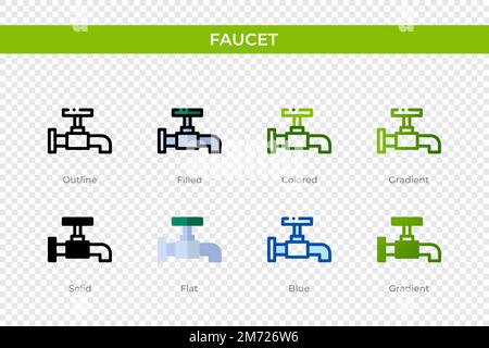 Wasserhahnsymbol in einem anderen Stil. Wasserhahnvektorsymbole mit Kontur, durchgehend, farbig, gefüllt, Verlauf, Und flacher Stil. Symbol, Logo-Abbildung. Stock Vektor