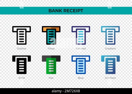 Das Symbol für die Bankquittung hat einen anderen Stil. Vektorsymbole für Bankbelege in Umriss, durchgehend, farbig, gefüllt, Verlauf, Und flacher Stil. Symbol, Logo Il Stock Vektor