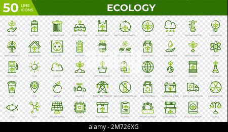 Satz von 50 Ecology Web-Symbolen in farbigem Linienstil. Recycling, Biologie, erneuerbare Energien. Sammlung mit farbigen Umrisssymbolen. Vektordarstellung Stock Vektor