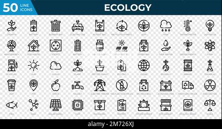 Satz von 50 Ecology Web-Symbolen im Linienstil. Recycling, Biologie, erneuerbare Energien. Symbolsammlung der Modellstruktur. Vektordarstellung Stock Vektor