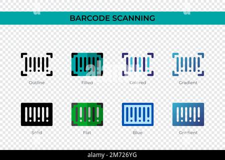 Barcode-Scan-Symbol in einem anderen Stil. Vektorsymbole für das Scannen von Barcodes in Form von Konturen, durchgehend, farbig, gefüllt, Verlauf, Und flacher Stil. Symbol, Stock Vektor