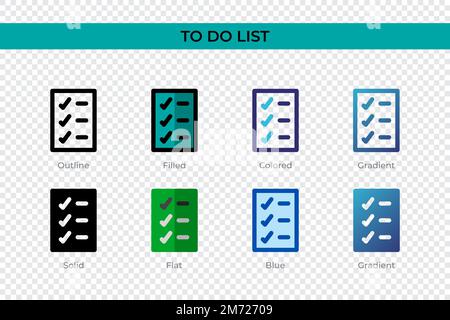 Symbol für Aufgabenliste in einem anderen Stil. Vektorsymbole für Aufgabenlisten, die als Kontur, durchgehend, farbig, gefüllt, Verlauf, Und flacher Stil. Symbol, Logo leuchtet Stock Vektor