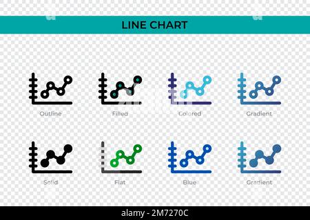 Liniendiagrammsymbol in einem anderen Stil. Vektorsymbole für Liniendiagramme, die als Kontur, durchgehend, farbig, gefüllt, verlaufend, Und flacher Stil. Symbol, Logo leuchtet Stock Vektor