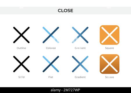 Symbol „Schließen“ in einem anderen Stil. Vektorsymbole schließen, die als Kontur, durchgehend, farbig, verlaufend und flach entworfen wurden. Symbol, Logo-Abbildung. Vektor krank Stock Vektor