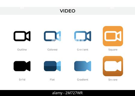 Videosymbol in einem anderen Stil. Videovektorsymbole in Umriss-, Vollbild-, Farb-, Verlaufs- und flacher Form. Symbol, Logo-Abbildung. Vektor krank Stock Vektor