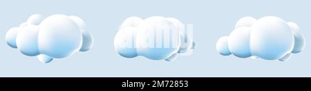 3D Wolken setzen isolierten Hintergrund. Rendere weiche, runde Cartoon-Symbole mit flauschigen Wolken. geometrische 3D-Formen. Verschiedene Cartoon-Formen mit weichen Wolken. Vektorillus Stock Vektor
