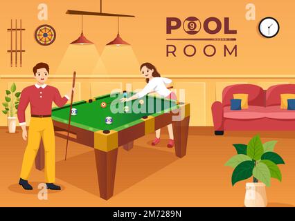 Billardspiele mit Spieler-Pool-Raum mit Stock, Tisch und Billardbällen im Sports Club in flachen, handgezogenen Cartoon-Vorlagen Stock Vektor