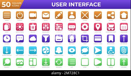 Satz von 50 Benutzeroberflächensymbolen im quadratischen Stil. Menü, Kalender, Uhr. Square Icons Kollektion. Vektordarstellung Stock Vektor