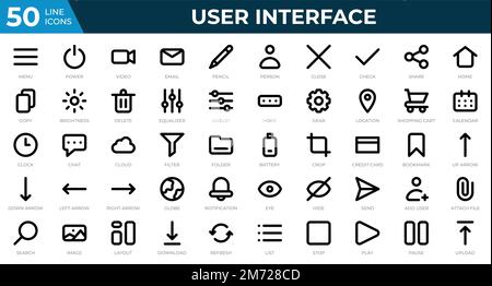 Satz von 50 Benutzeroberflächensymbolen in Linienart. Menü, Kalender, Uhr. Symbolsammlung der Modellstruktur. Vektordarstellung Stock Vektor