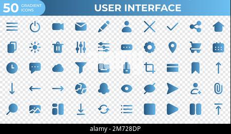 Satz von 50 Benutzeroberflächensymbolen im Verlaufsstil. Menü, Kalender, Uhr. Sammlung von Verlaufssymbolen. Vektordarstellung Stock Vektor