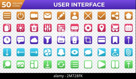 Satz von 50 Benutzeroberflächensymbolen im quadratischen Stil. Menü, Kalender, Uhr. Square Icons Kollektion. Vektordarstellung Stock Vektor