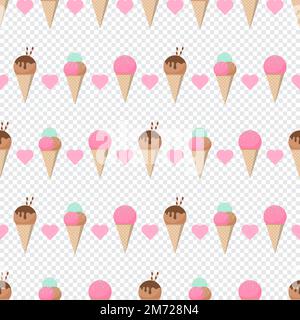 Süßes pastellfarbenes Eiscreme-Muster. Pastellfarbenes Eiscreme-Muster mit süßen Herzen. Nahtloses Vektormuster mit Eiscreme in Pastelltönen. V Stock Vektor